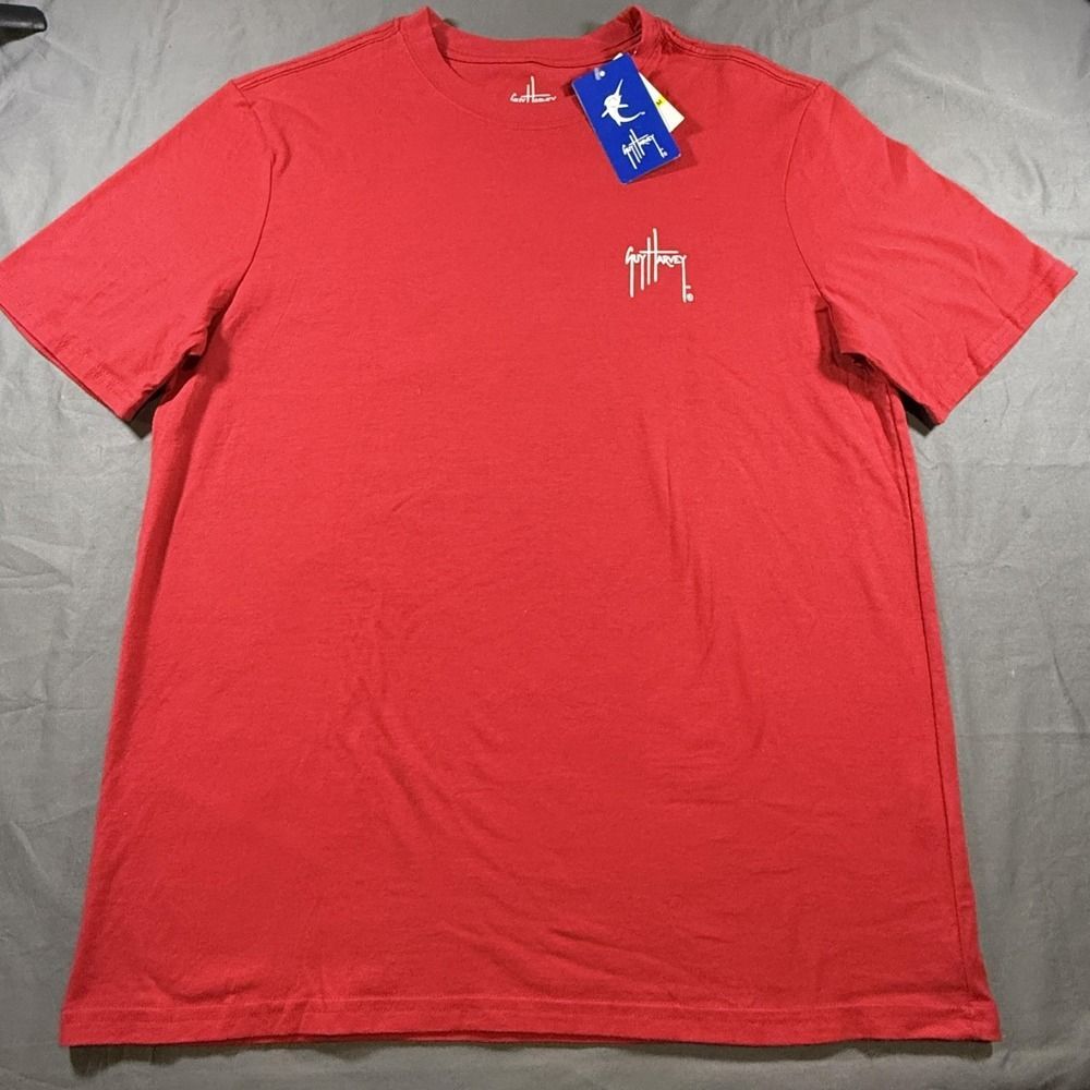 Guy Harvey Shirt Mens Medium Red Patriotic Mahi Mahi Flag Graphic Fishing USA